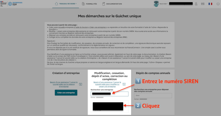 Entrez le numéro SIREN et cliquez sur la société