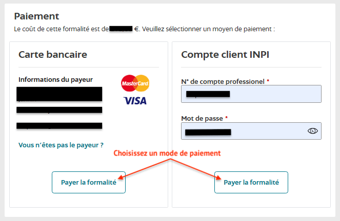 Procédez au paiement par CB ou via votre compte INPI professionnel