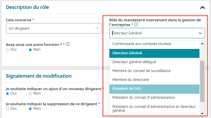 Sélectionnez le rôle du nouveau dirigeant de SAS